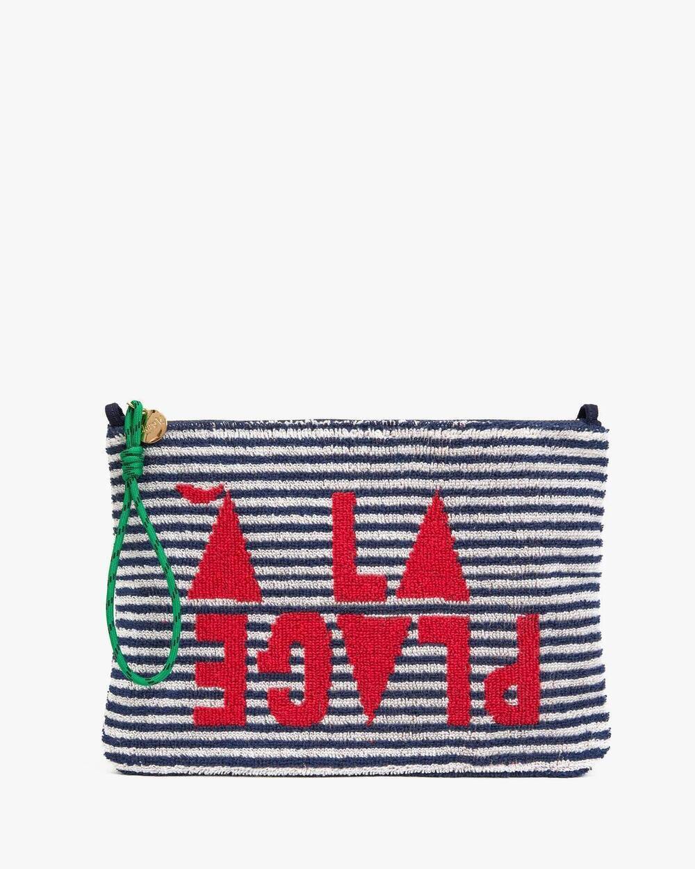 NEW CLARE V. women's flat clutch with tabs in deep dive/cream stripe w/ maraschi